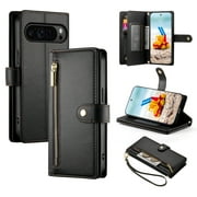 for Google Pixel 9 Pro XL Case with Card Holder, Retro Premium PU Leather Shoulder Wrist Strap Zipper Kickstand Flip Cover Women Girl Wallet Phone Case for Google Pixel 9 Pro XL, Black